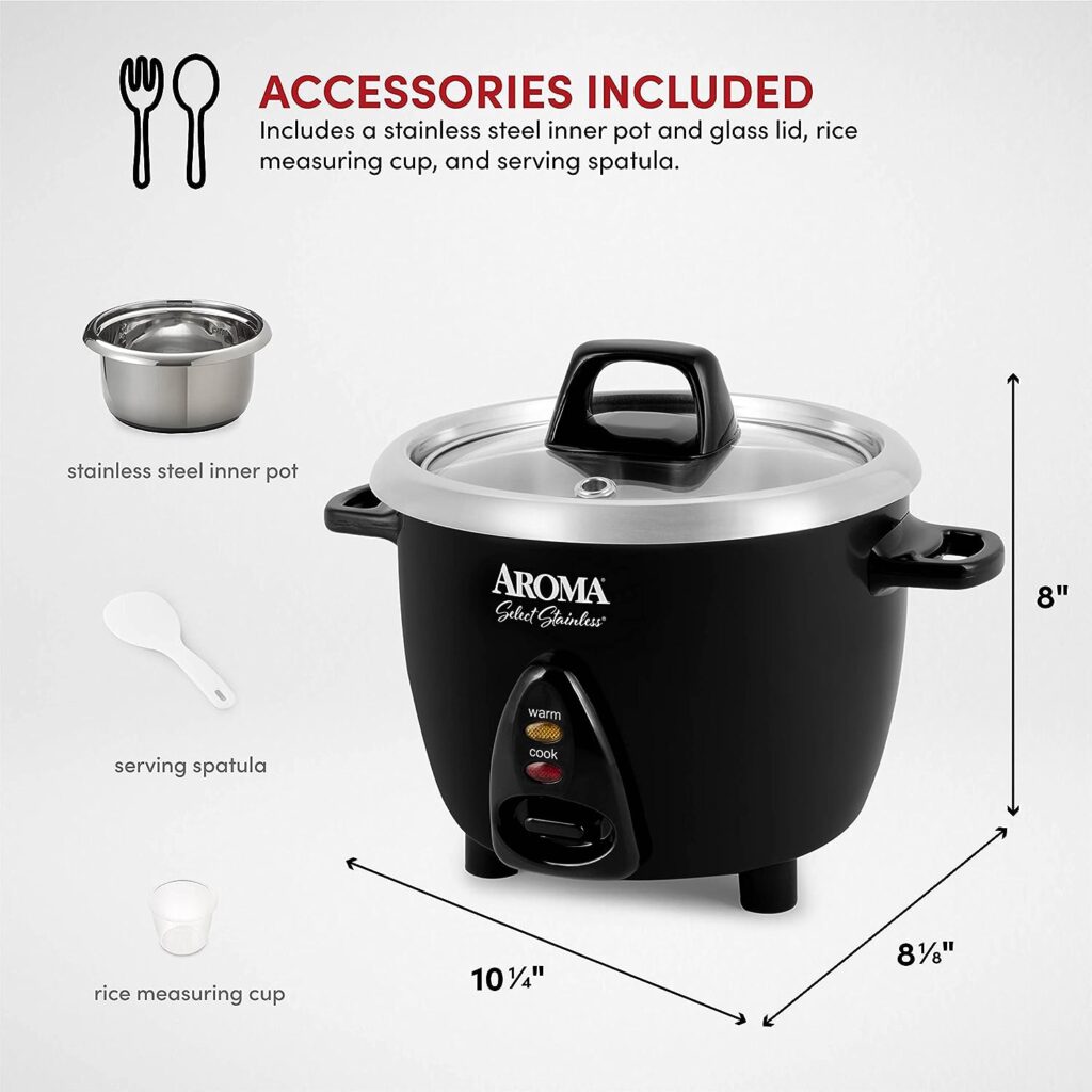 Aroma Housewares Select Stainless Rice Cooker  Warmer with Uncoated Inner Pot, 3-Cup(uncooked)/6-Cup(cooked)/ 1.2Qt, ARC-753SGB, Black