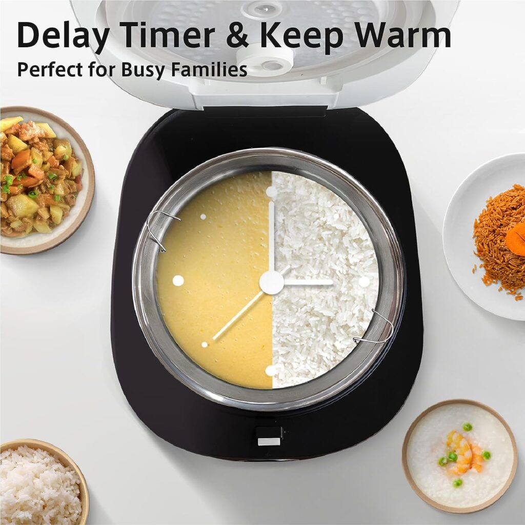 Rice Cooker Large 8 Cup, Stainless Steel Inner Pot Steamer, YOKEKON Low Carb Rice Maker, 24H Delay Timer and Auto Keep Warm Feature, Sushi/Grain/Cake/Porridge,Black